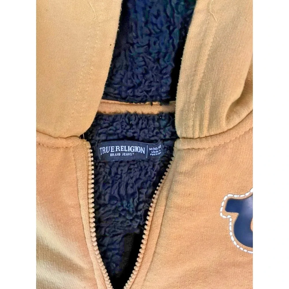 True Religion Zip Hoodie Sherpa Lined‎ Tan Logo Men's Medium